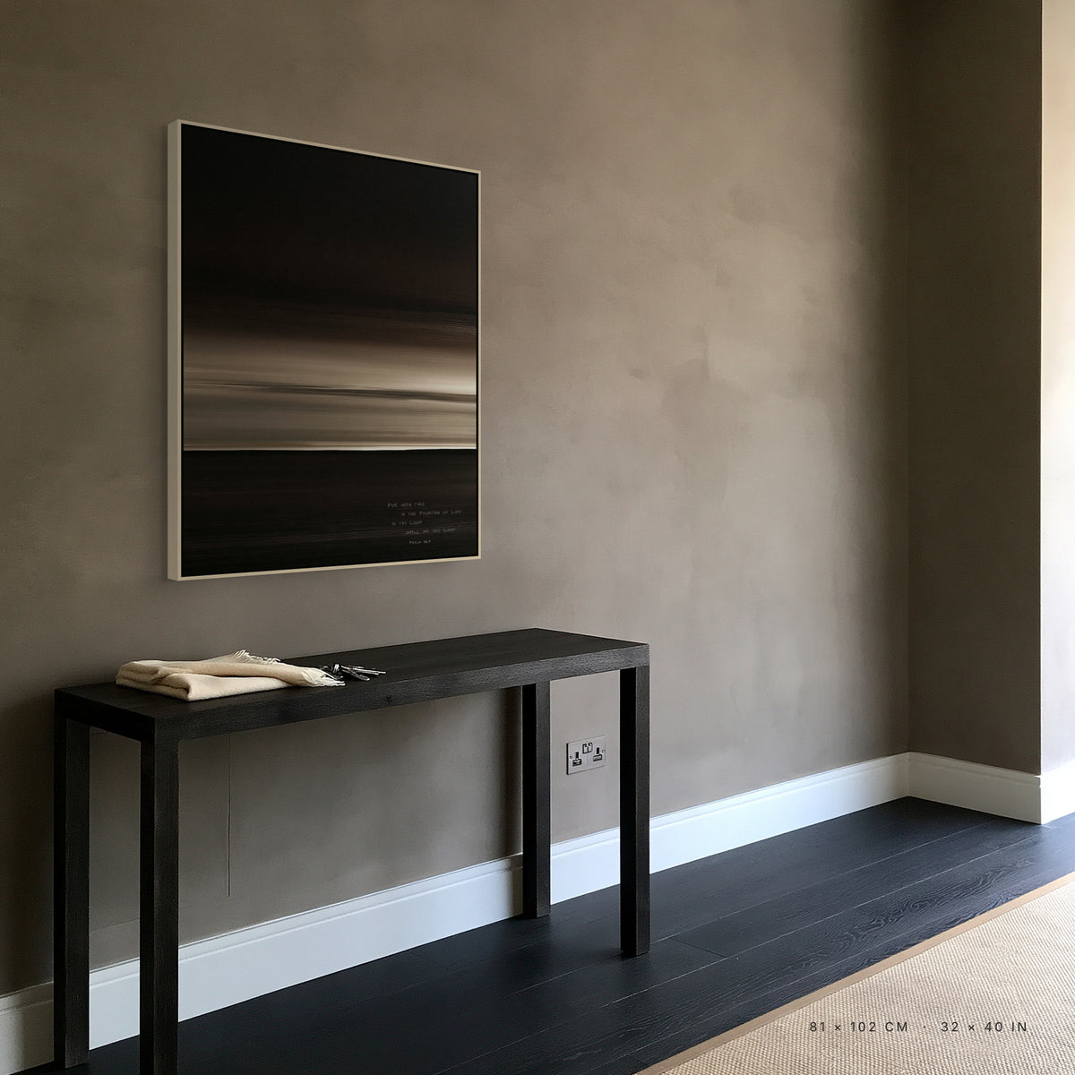 Lumen canvas, 81 x 102 cm, natural floating frame, above a console table in a hallway