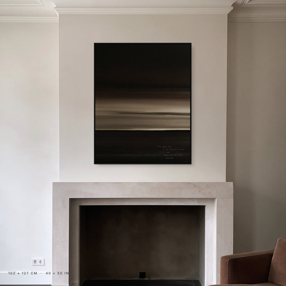 Lumen canvas, 102 x 127 cm, black floating frame, above a fireplace in a living room