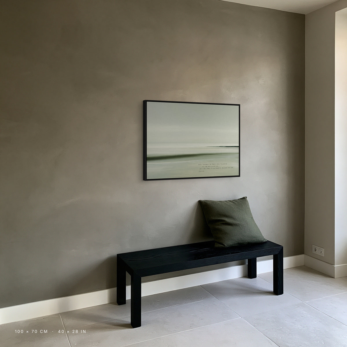 Mist canvas, 100 x 70 cm, black floating frame, above a bench in a hallway