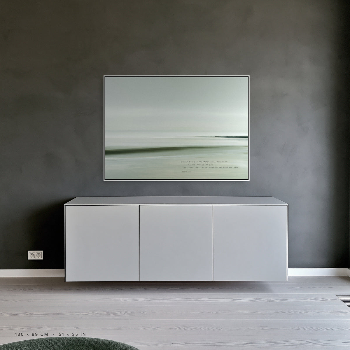Mist canvas, 130 x 89 cm, white floating frame, above a sideboard in a dining room