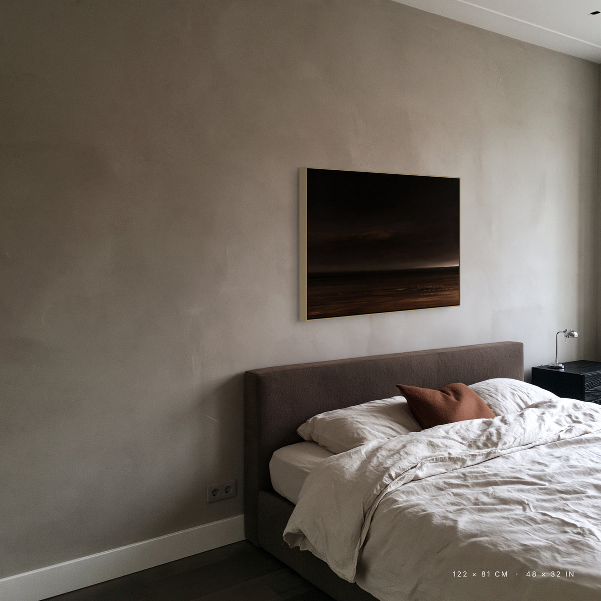 Nightfall canvas, 122 x 81 cm, natural floating frame, above a bed in a bedroom