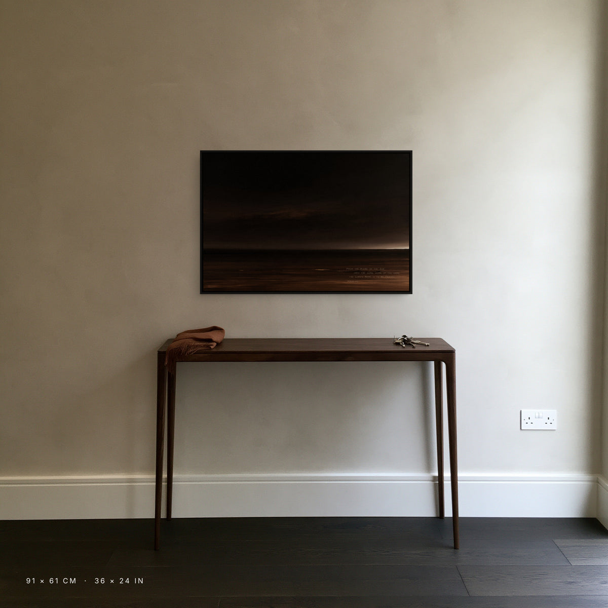 Nightfall canvas, 91 x 61 cm, black floating frame, above a console table in a hallway