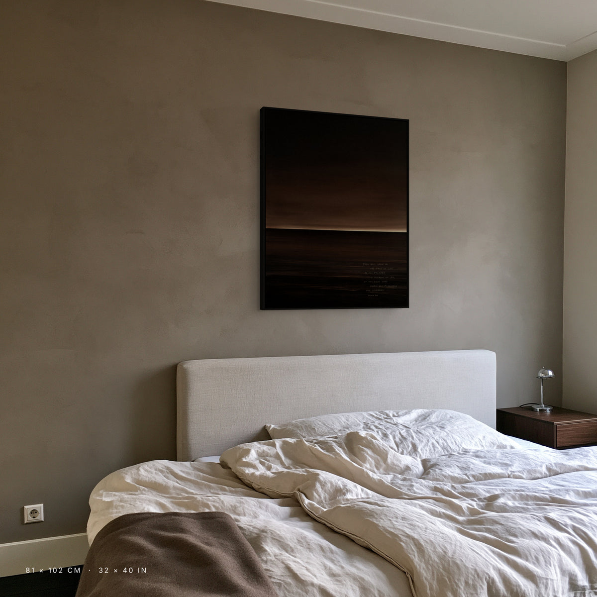 Nocturne canvas, 81 x 102 cm, black floating frame, above a bed in a bedroom
