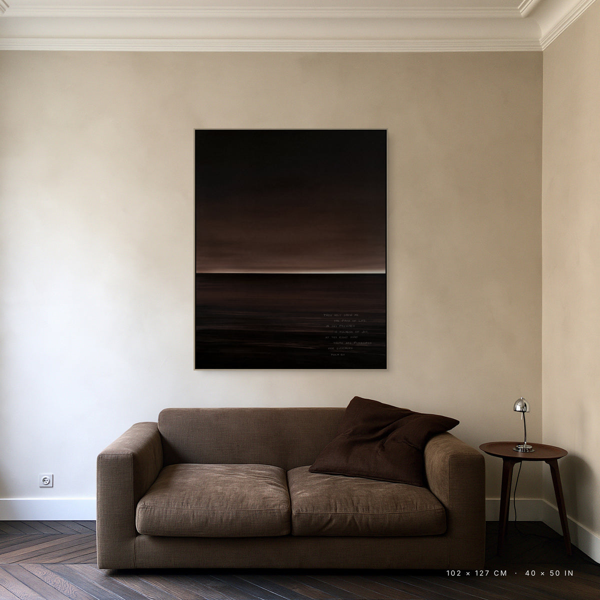 Nocturne canvas, 102 x 127 cm, natural floating frame, above a sofa in a living room