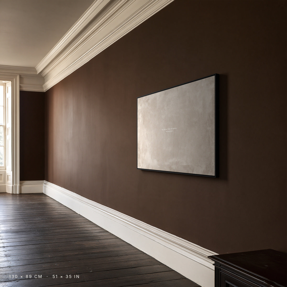 Oat canvas, 130 × 89 cm, black floating frame, close-up in a Georgian dining room