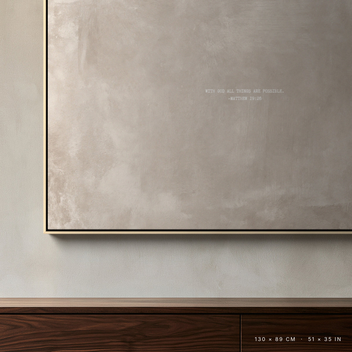 Oat canvas, 130 × 89 cm, natural floating frame, close-up above a walnut sideboard in a London interior