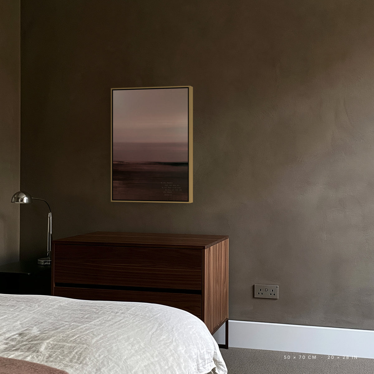 Rosewater canvas, 50 x 70 cm, gold floating frame, above a chest of drawers in a bedroom