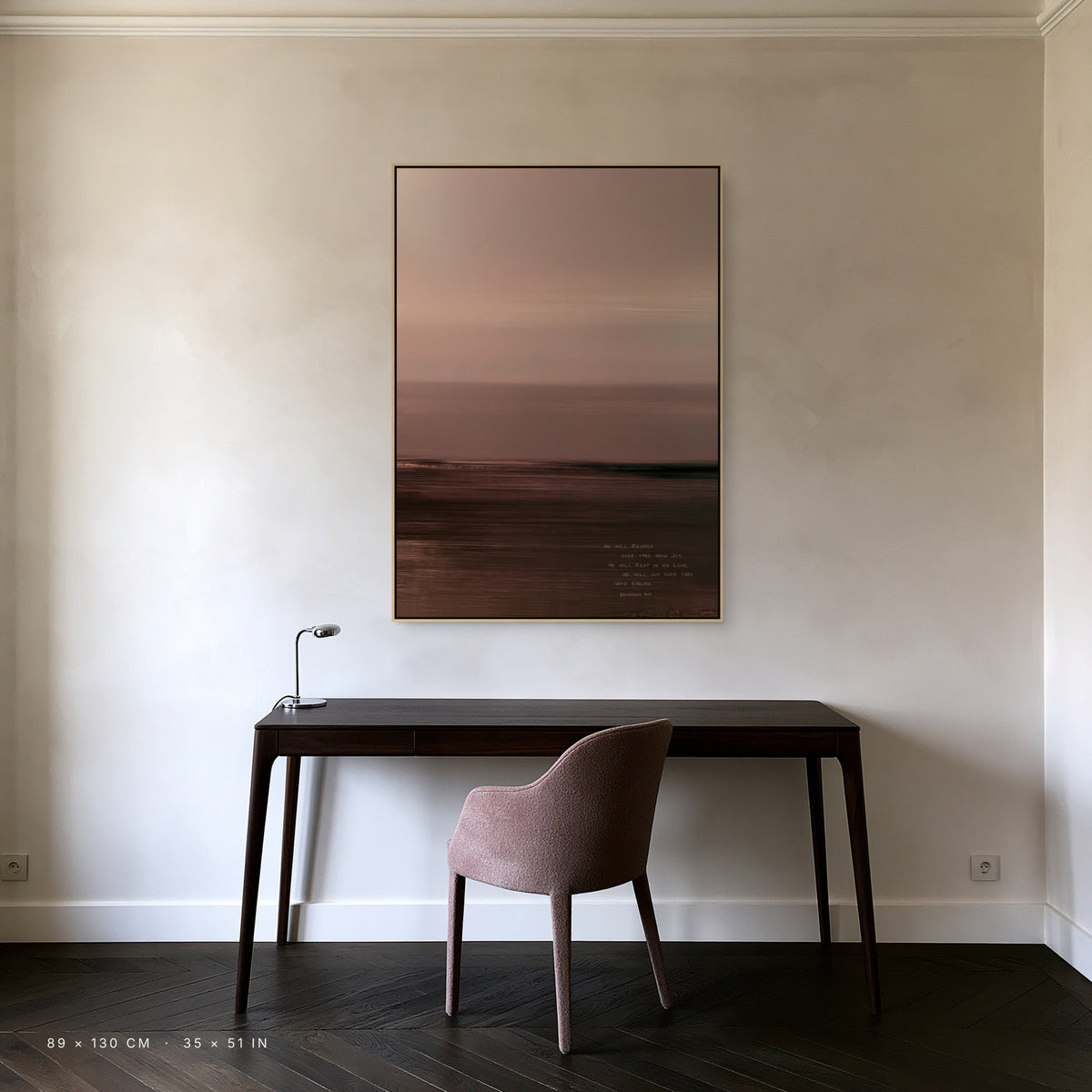 Rosewater canvas, 89 x 130 cm, natural floating frame, above a desk in a study