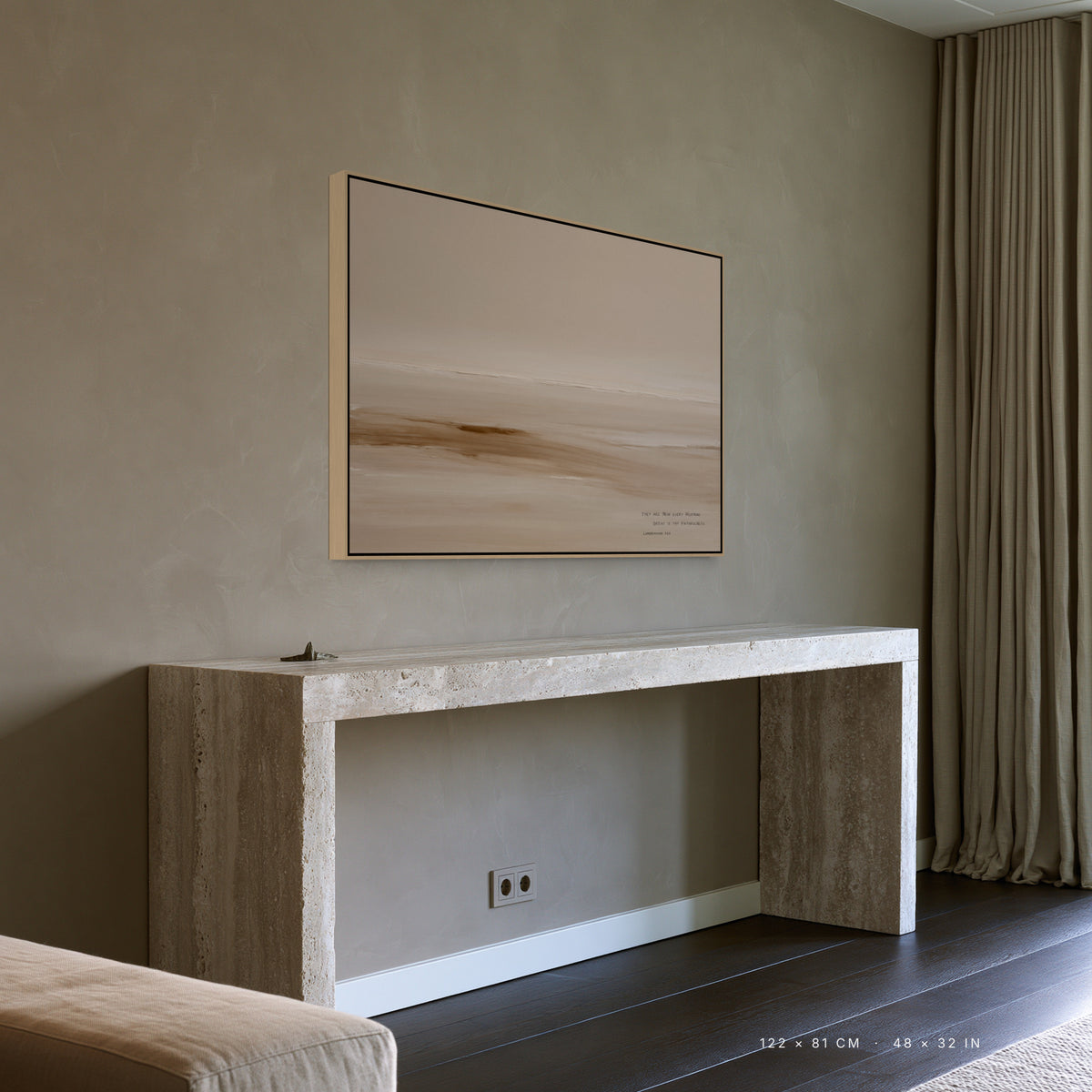 Sand canvas, 122 x 81 cm, natural floating frame, above a console table in a living room