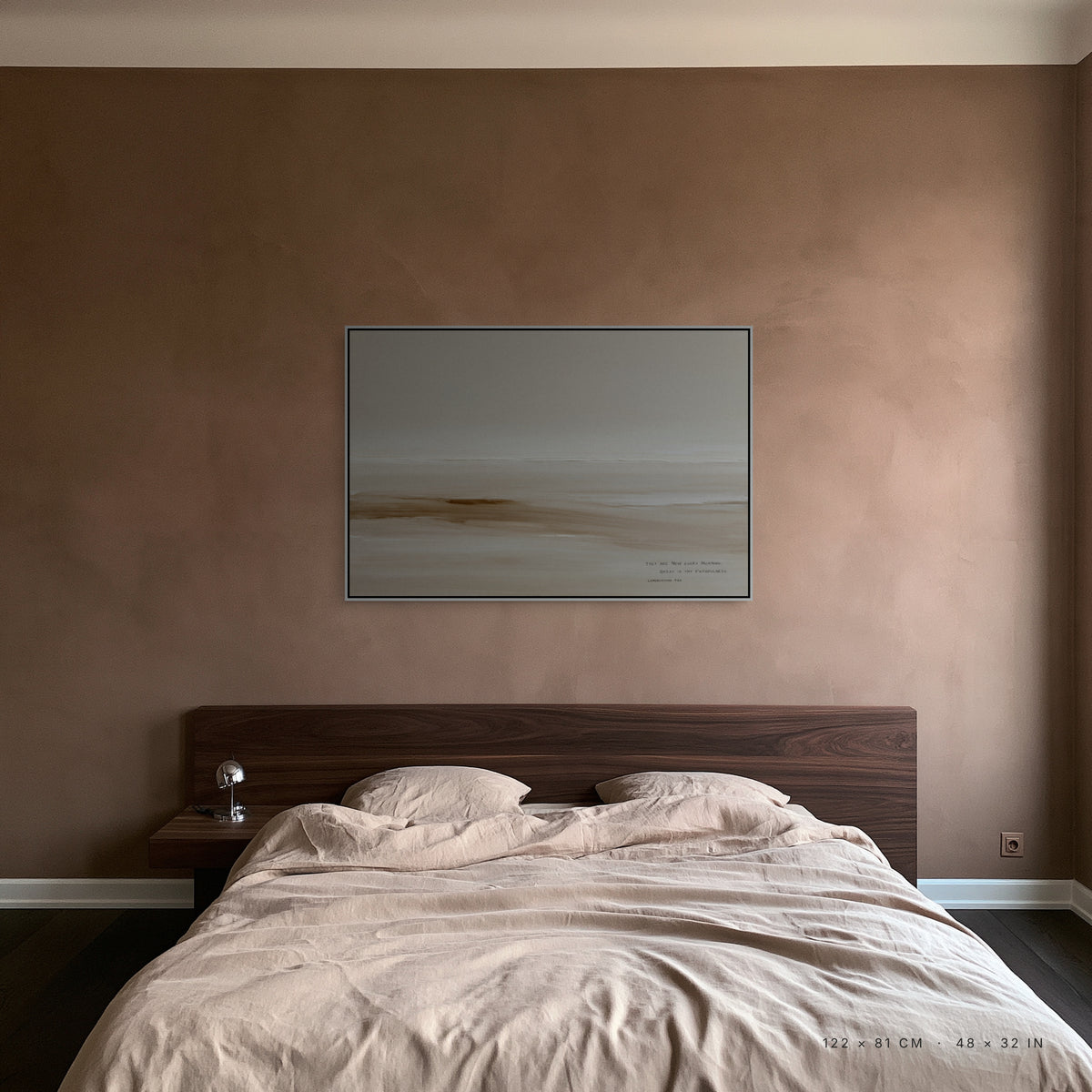 Sand canvas, 122 x 81 cm, white floating frame, above a bed in a bedroom