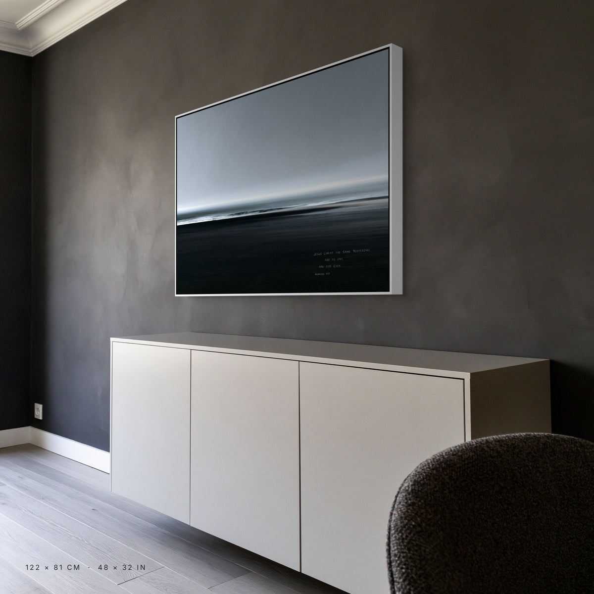 Slate canvas, 122 x 81 cm, white floating frame, above a sideboard in a dining room