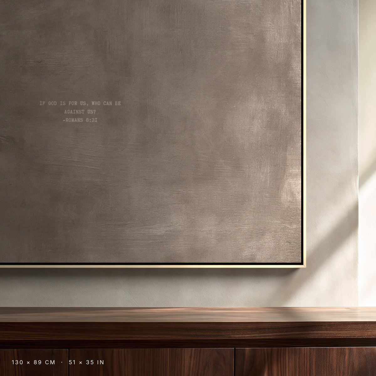 Taupe canvas, 130 × 89 cm, natural floating frame, close-up in a Brussels interior
